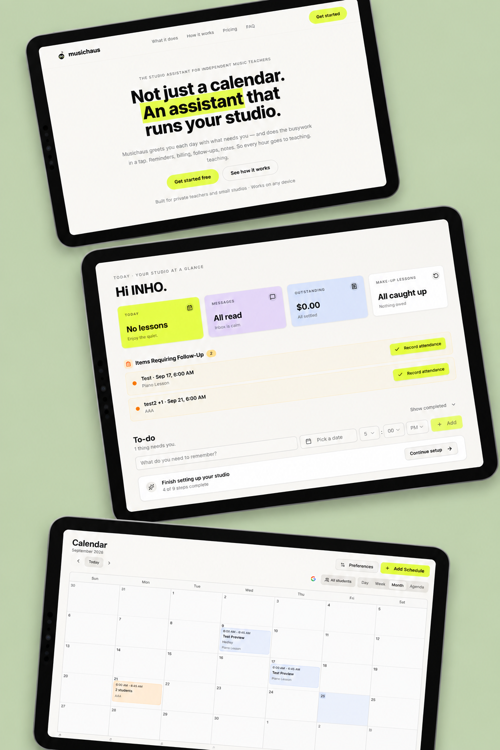 A studio management platform for teachers, parents and students. Scheduling, attendance, messaging and billing are brought together in role-based portals.